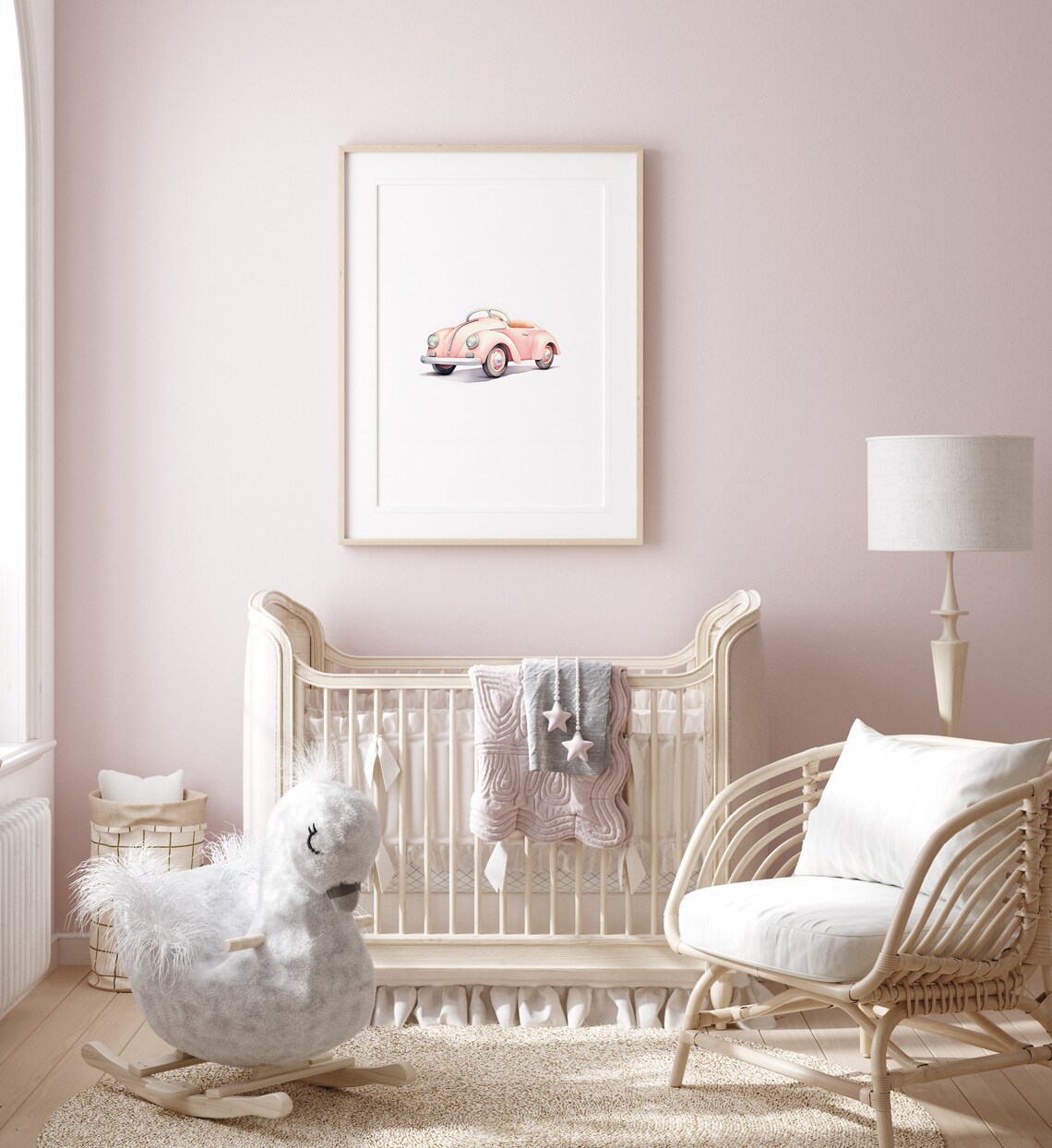 Whimsical Pink Vintage Car Nursery Art Print