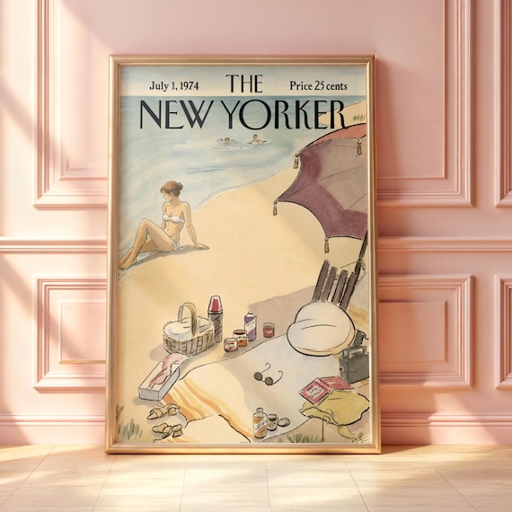 Vintage New Yorker Beach Picnic Sunbathing Summer Day Poster