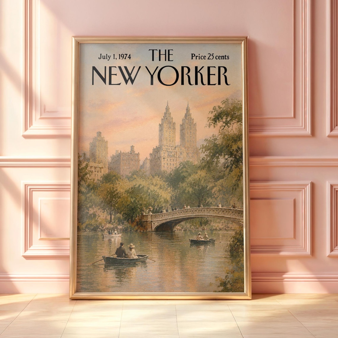 The New Yorker July 1974 Central Park Bow Bridge Rowboats Poster