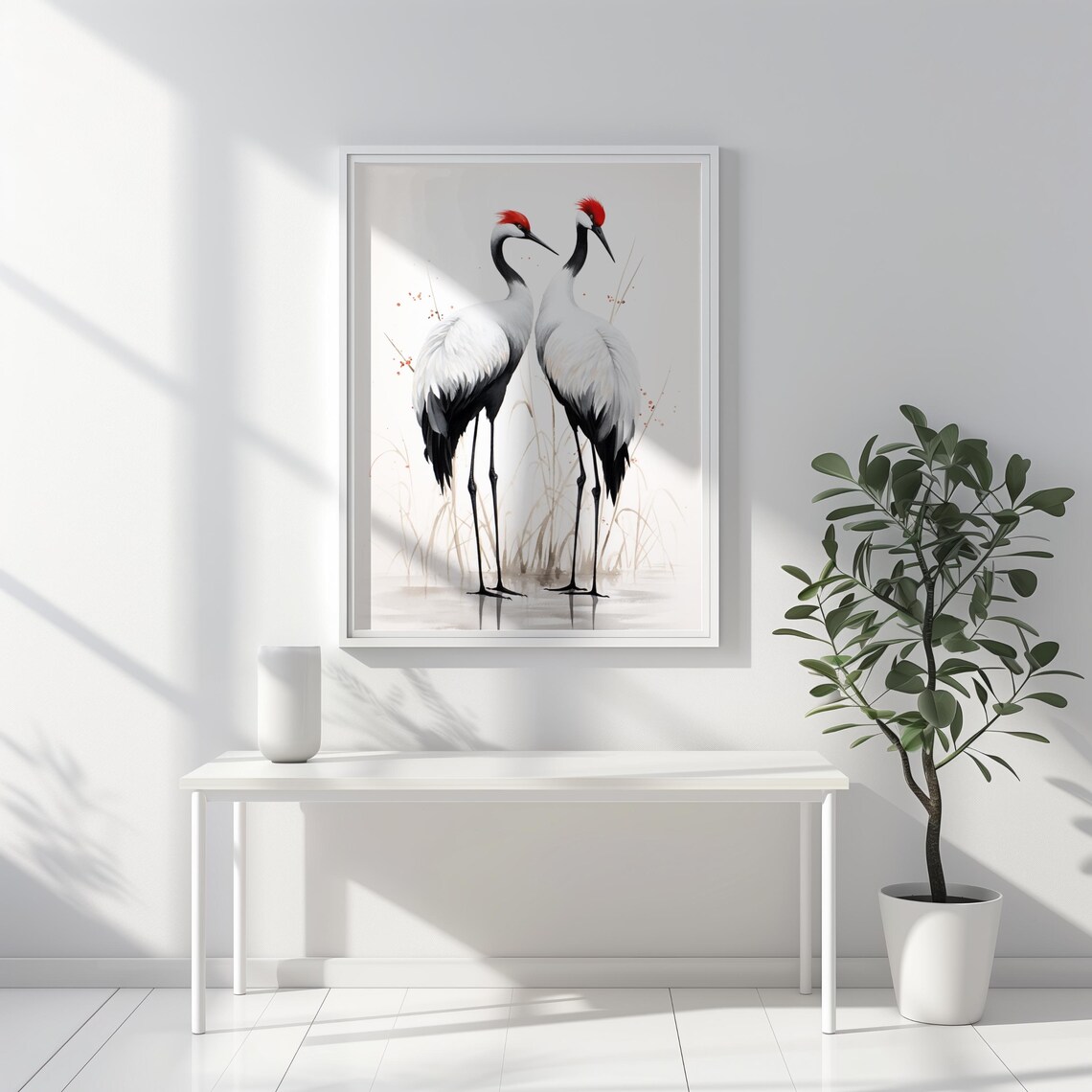Japanese Red-Crowned Crane Pair Watercolor Art Print - Image 3