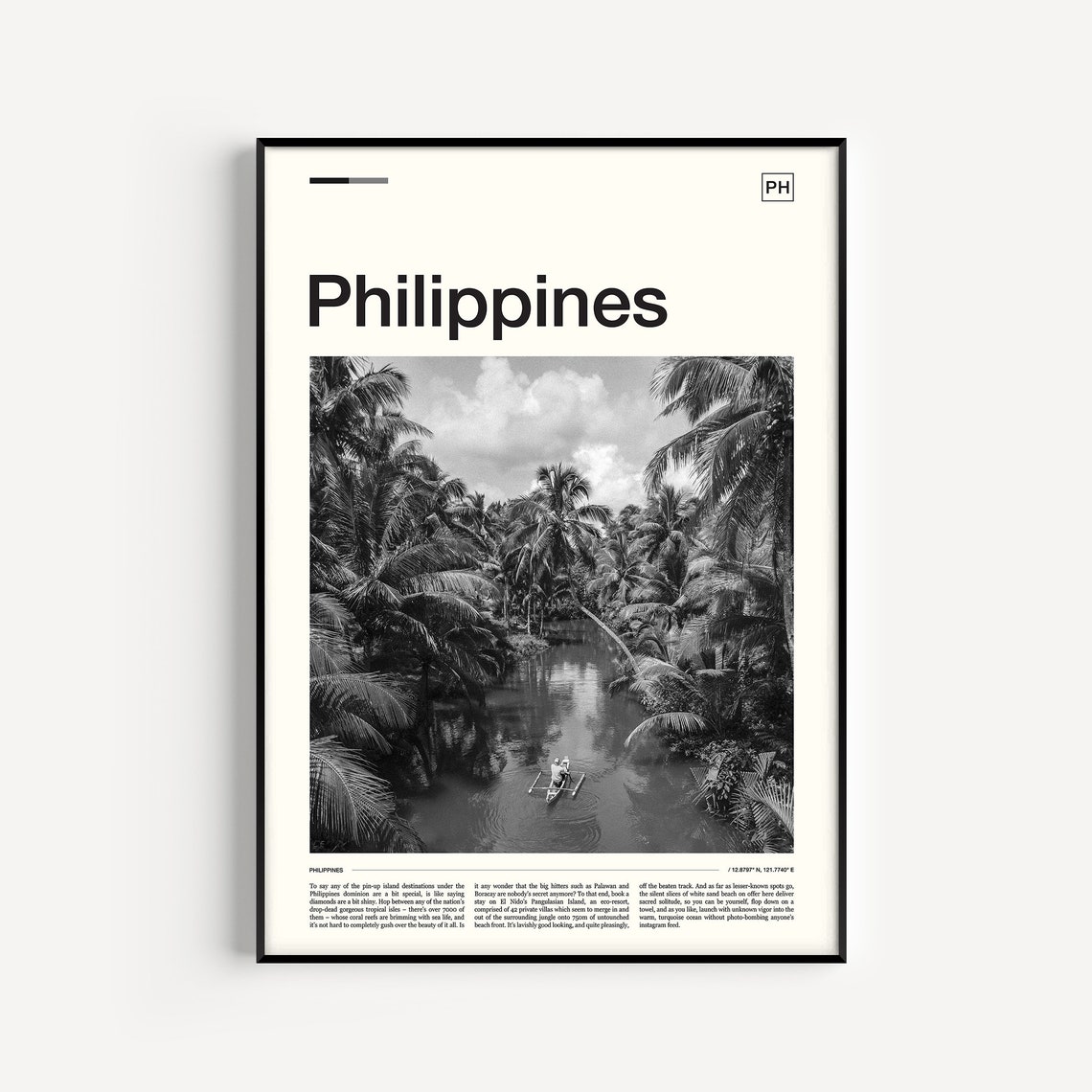 Philippines Black White Palm River Boat Tropical Scene Poster