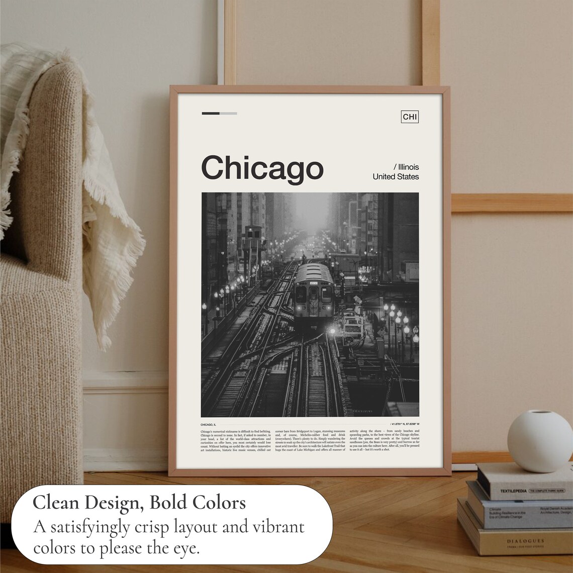 Chicago Illinois Black and White L Train City Night Photo Poster - Image 3