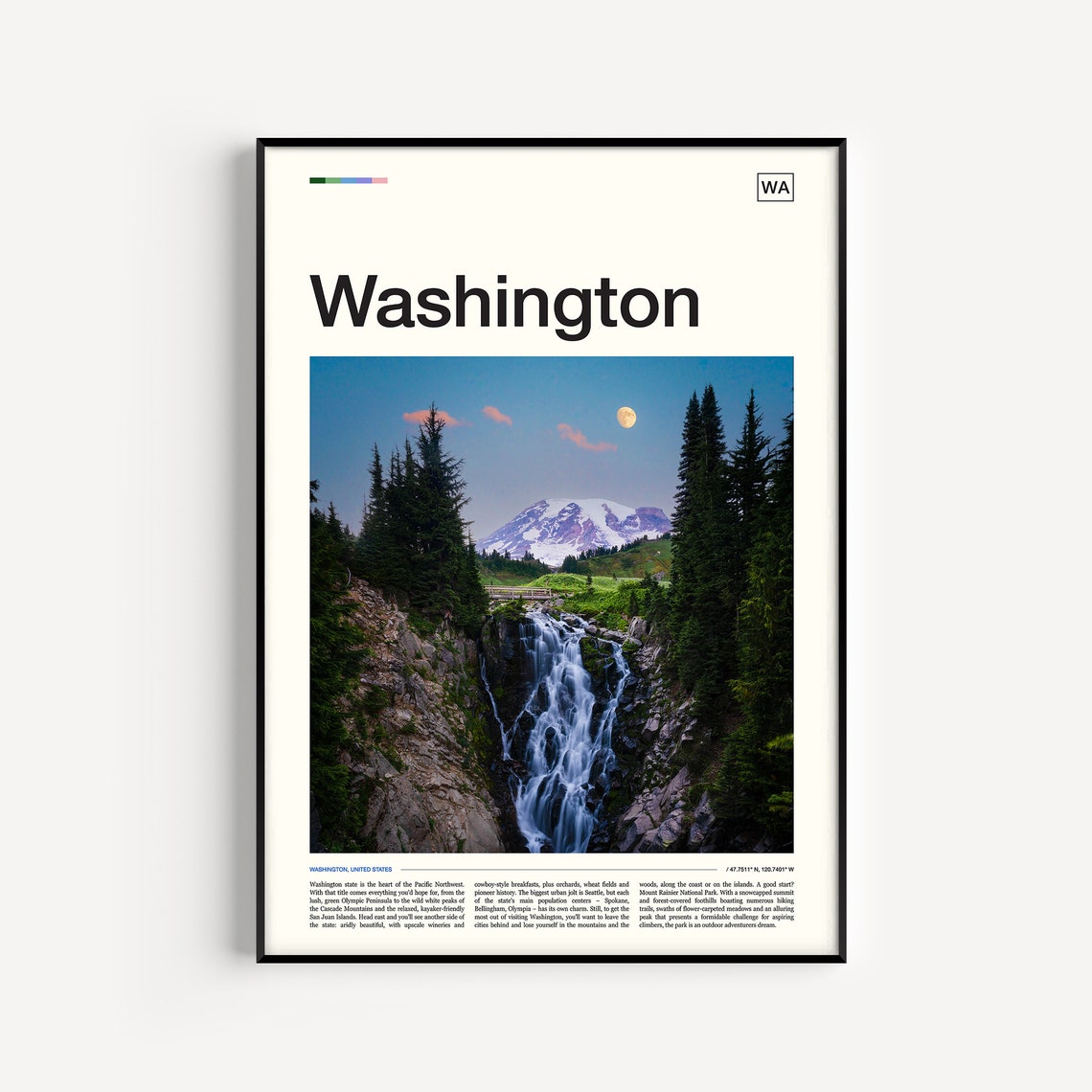 Washington State Mount Rainier Waterfall Moonrise Photo Travel Poster