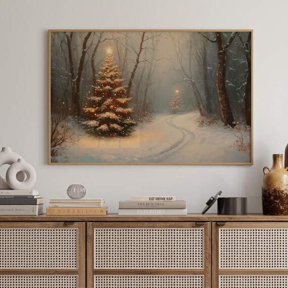 Magical Christmas Tree Forest Poster Snowy Winter Glowing Lights Festive Wall Decor