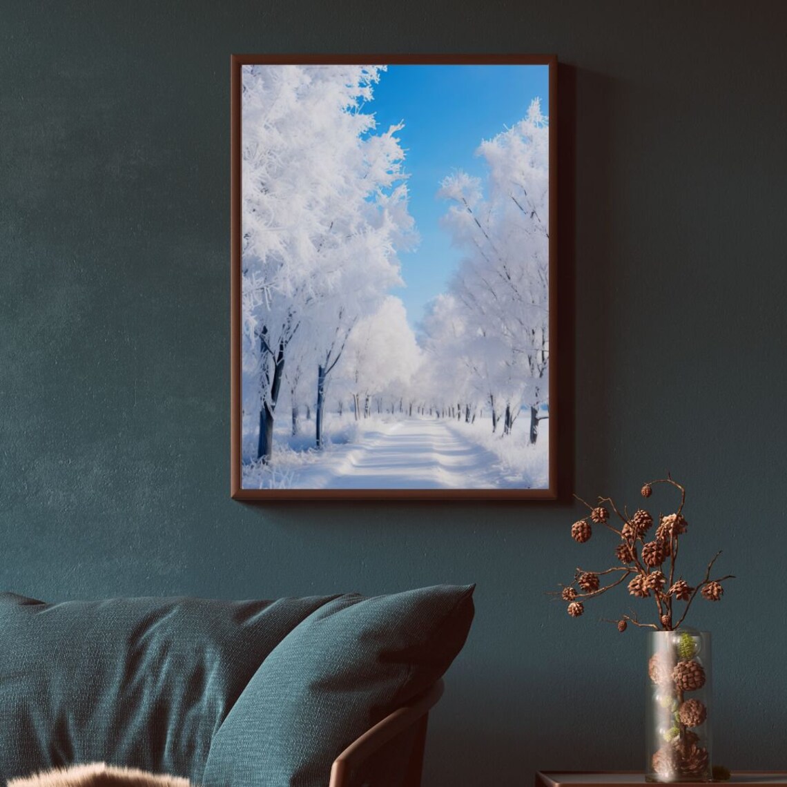 Frost Covered Winter Road with White Trees under Blue Sky Poster - Image 2