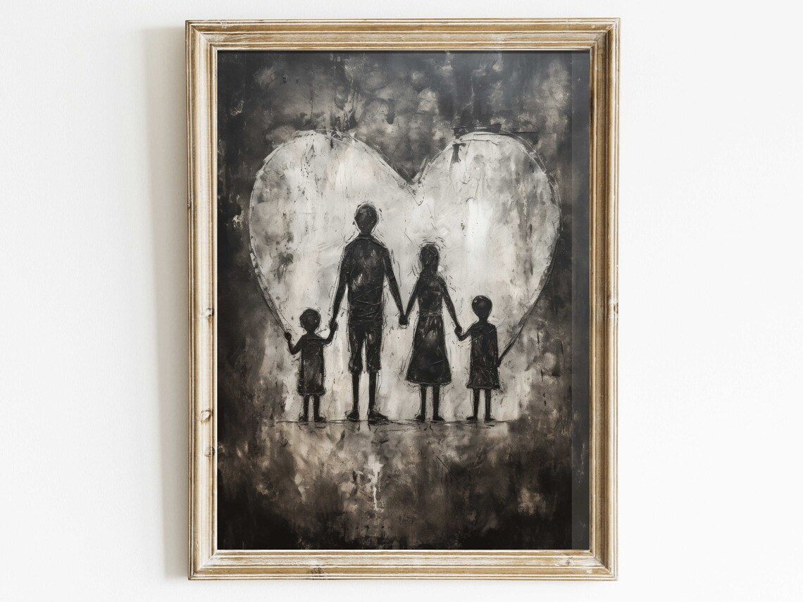 Family Silhouettes Holding Hands Before Heart Monochrome Poster