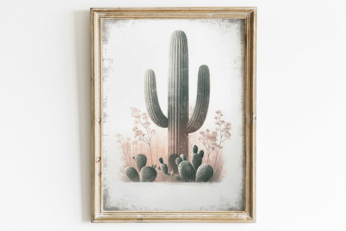 Tall Saguaro Cactus With Prickly Pear Vintage Desert Wall Art