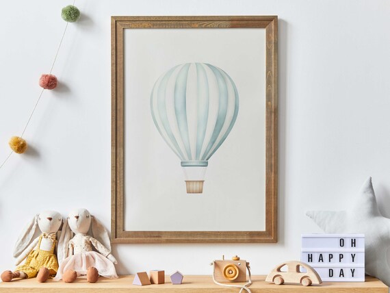 Vintage Teal Hot Air Balloon Minimalist Nursery Travel Poster