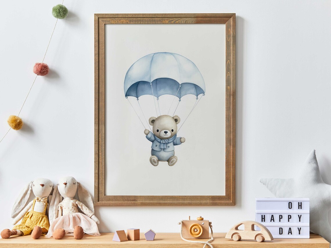 Adorable Teddy Bear Parachuting With Blue Umbrella Nursery Poster