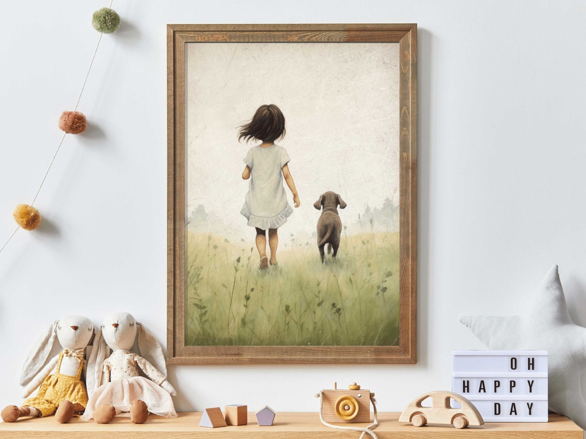 Little Girl Walking Through Meadow with Puppy Vintage Nursery Poster