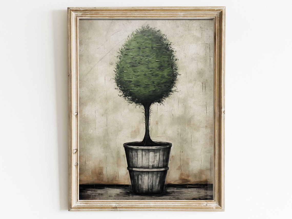Rustic Topiary Tree in Wooden Pot Vintage Botanical Art Poster