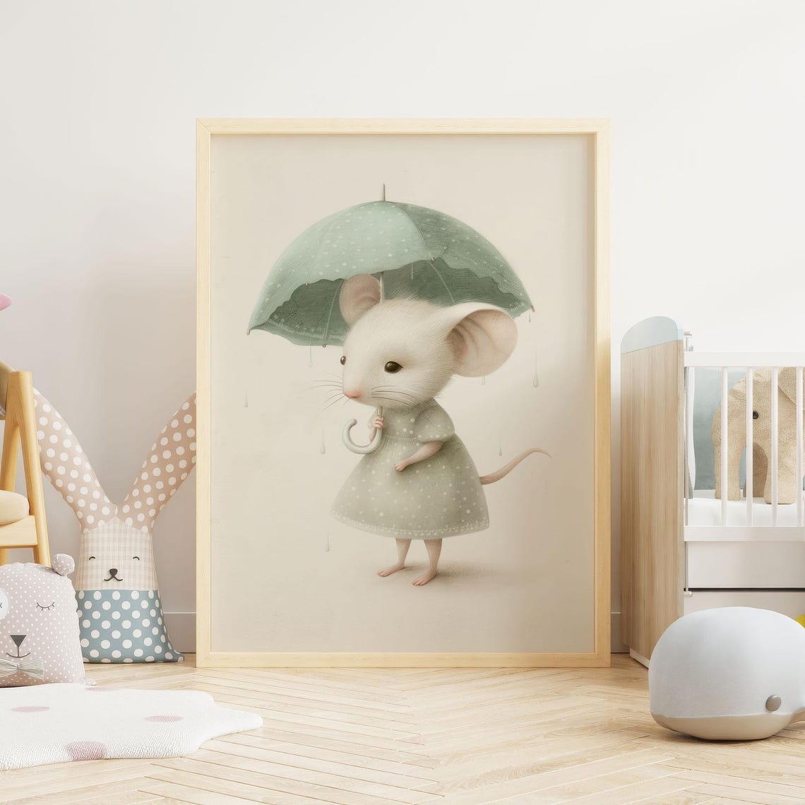 Little Mouse in Dress Holding Umbrella in the Rain Nursery Poster - Image 2