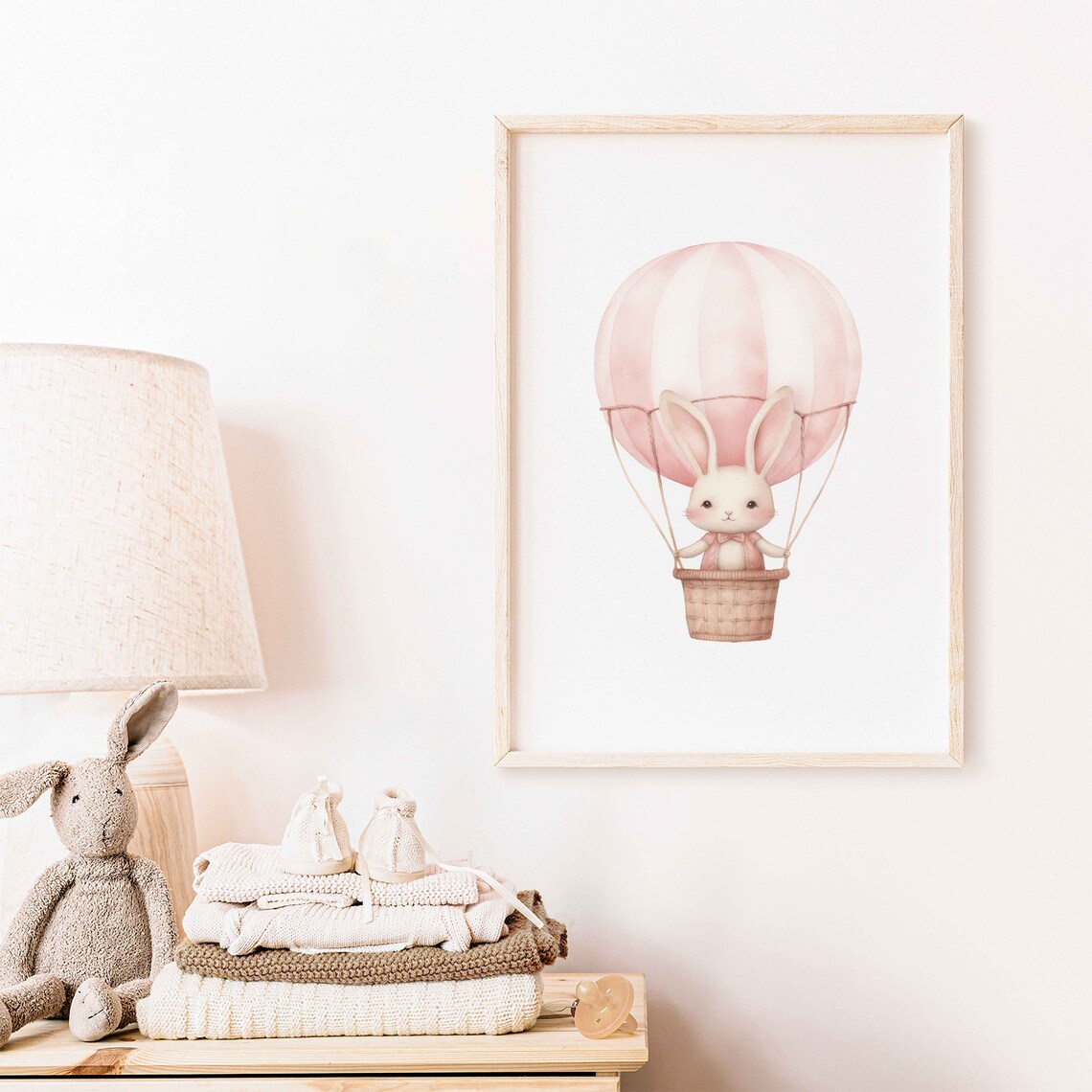 Bunny in a Pink Hot Air Balloon Watercolor Baby Nursery Wall Poster - Image 2