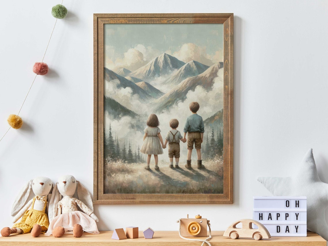 Three Children Gazing Together at Misty Mountain Peaks Poster