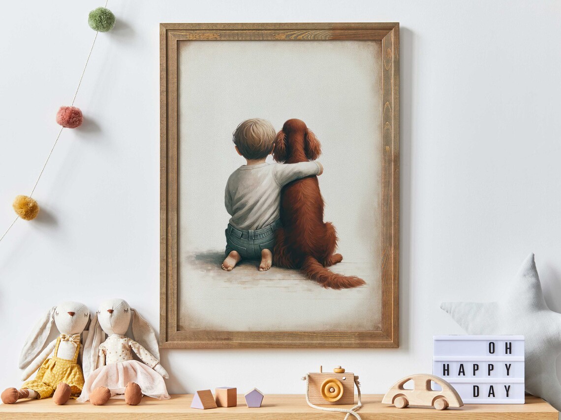 Irish Setter Nursery Decor Art Print, Boy And Dog