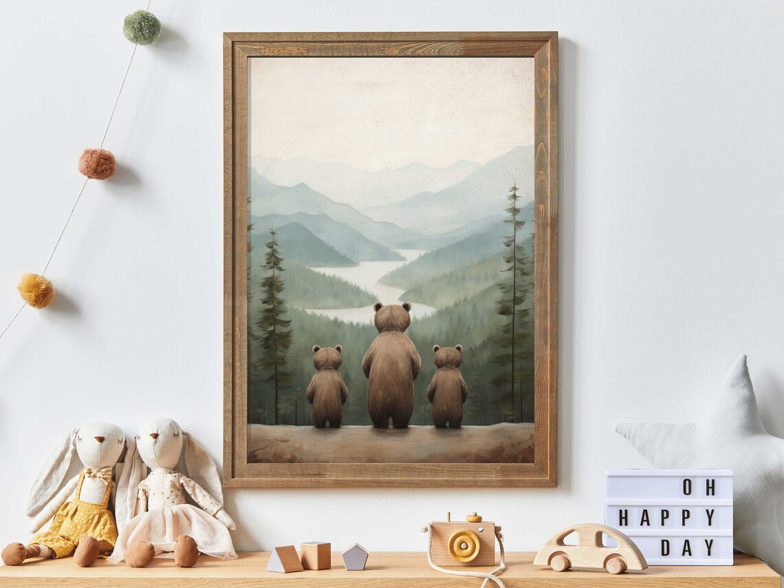 Bear Family Gazing At Misty Mountain Valley Woodland Nursery Poster