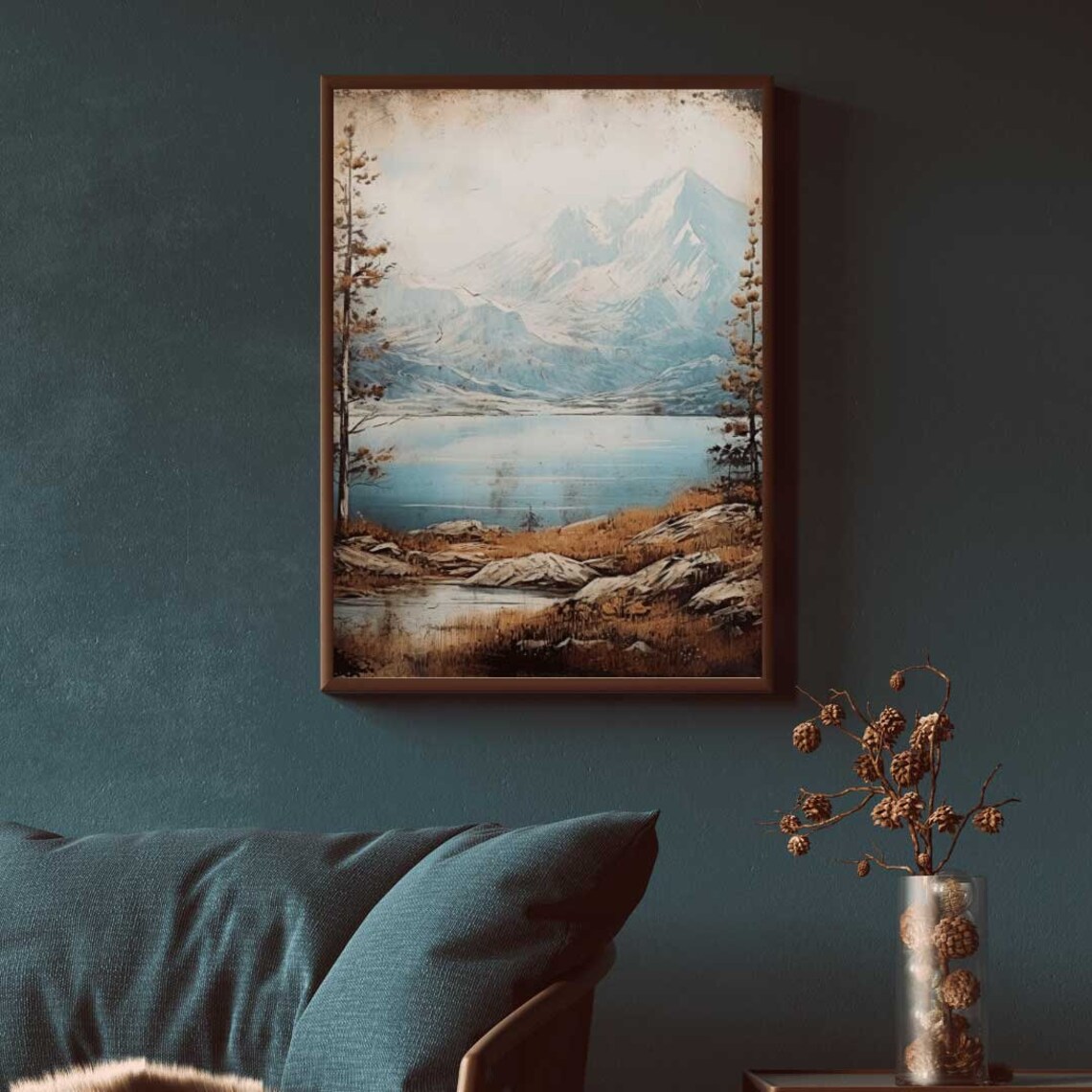 Lake Mountain Vintage Art Print, Rustic Landscape - Image 2