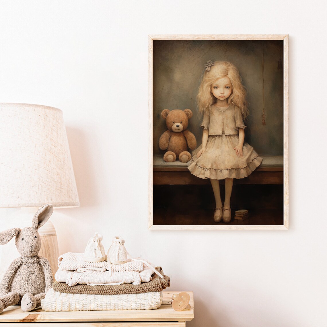Vintage Style Blonde Girl with Teddy Bear Nursery Art Poster - Image 2