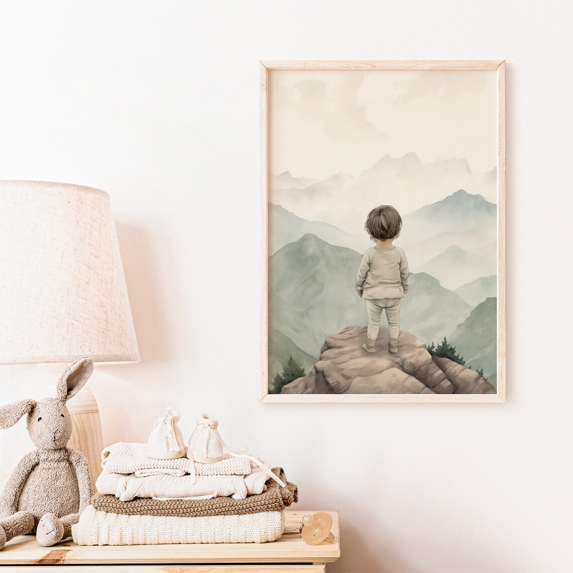 Toddler On Mountain Peak Poster Misty Watercolor Adventure Nursery Decor - Image 2