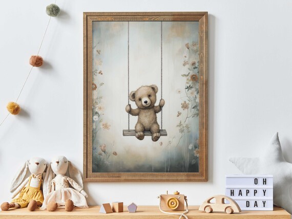 Teddy Bear on a Swing Among Wildflowers Nursery Wall Decor Poster