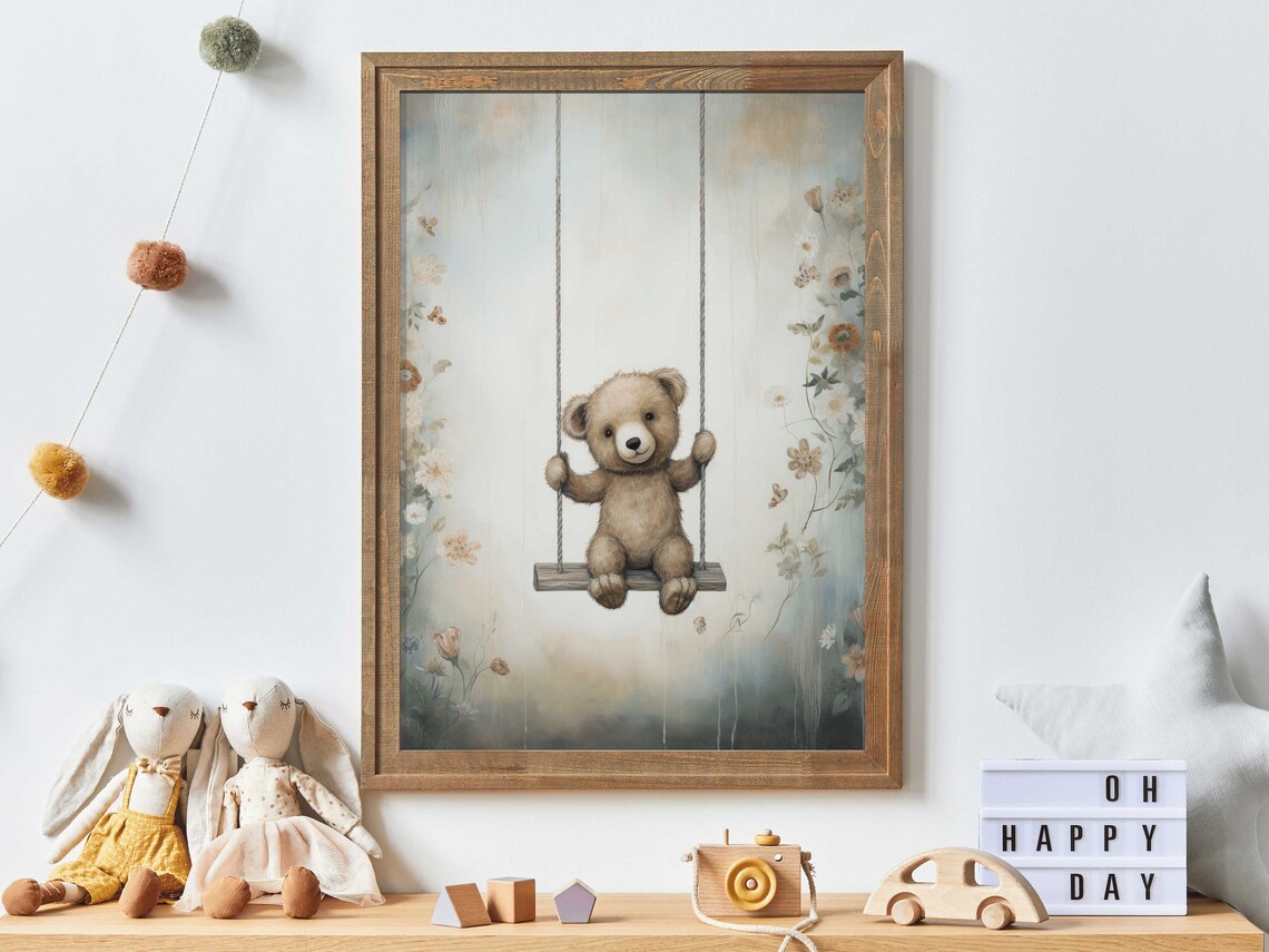 Teddy Bear on a Swing Among Wildflowers Nursery Wall Decor Poster