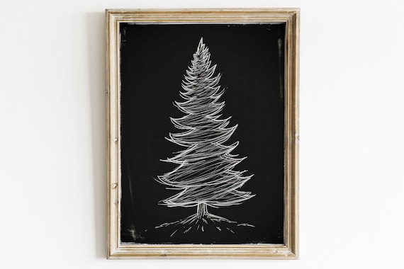 Minimalist White Chalk Pine Tree On Black Chalkboard Christmas Poster