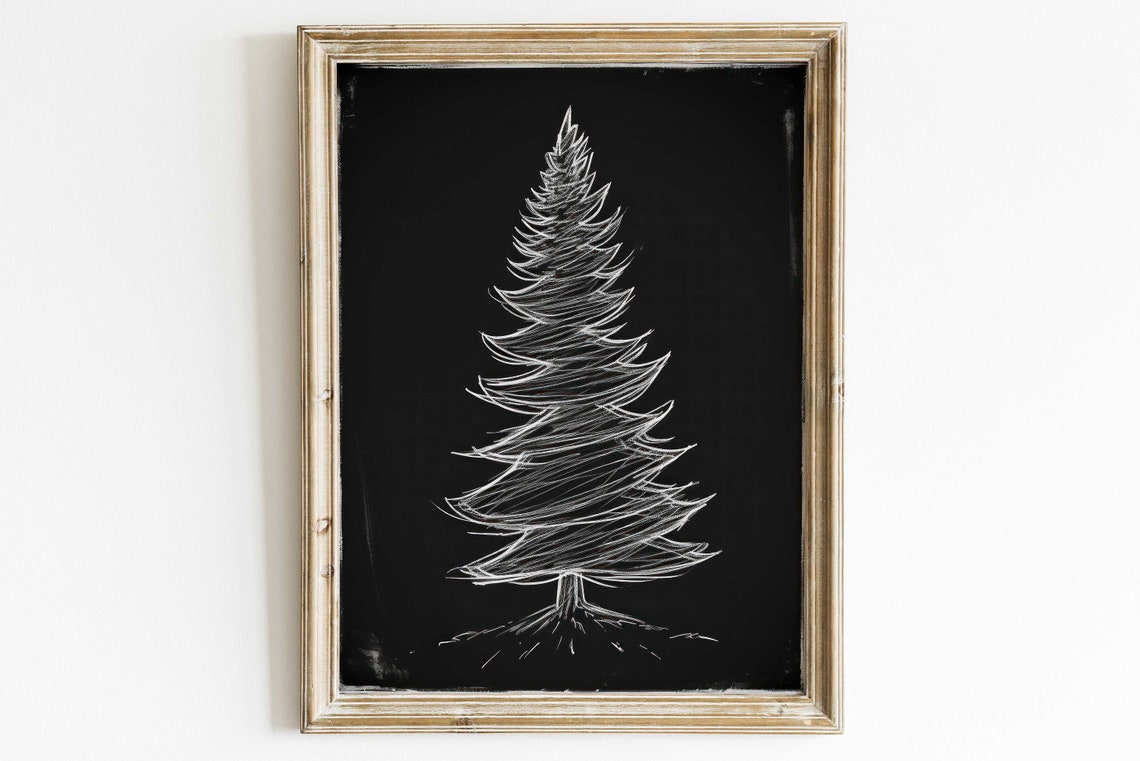 Minimalist White Chalk Pine Tree On Black Chalkboard Christmas Poster