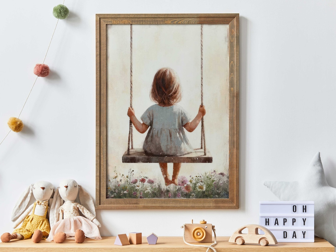 Little Girl on a Swing, Vintage Nursery Art Print
