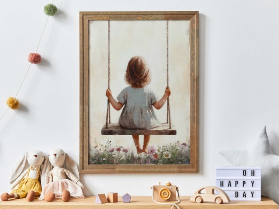 Little Girl on a Swing, Vintage Nursery Art Print