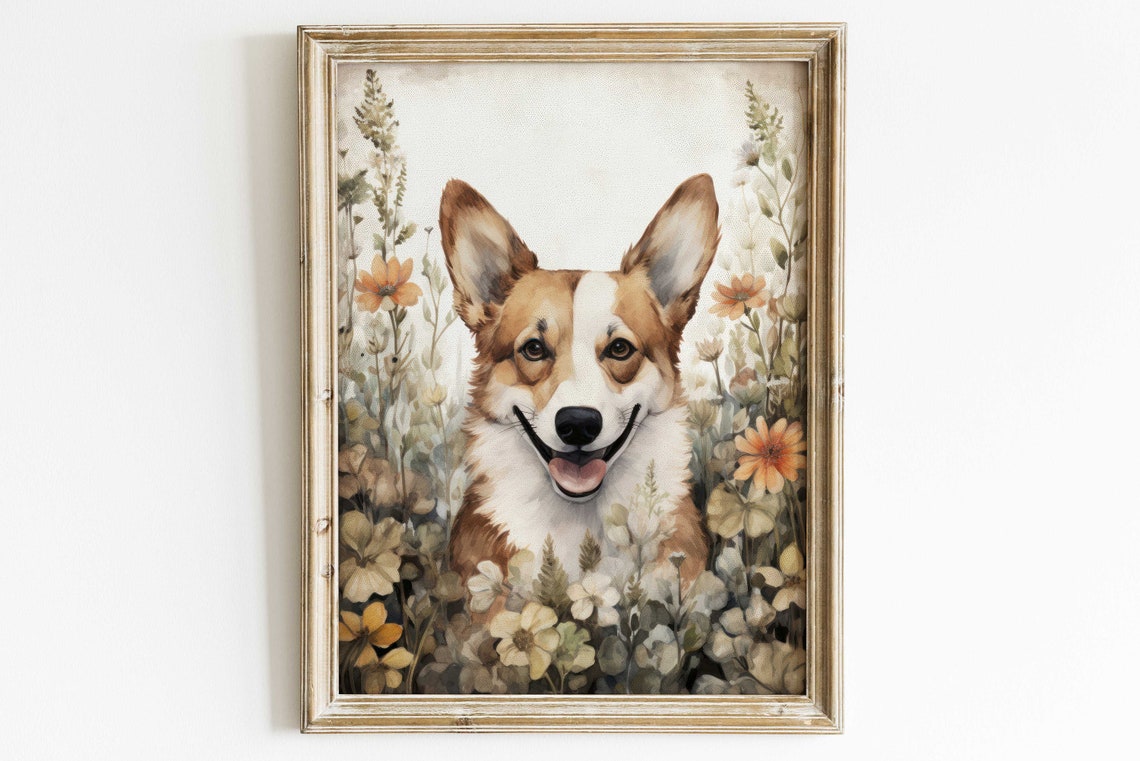 Smiling Pembroke Welsh Corgi Dog Among Flowers Watercolor Pet Poster - Image 3