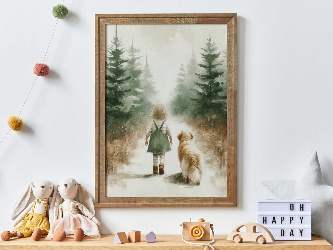 Little Girl and Golden Retriever Walking in Pine Forest Art Print