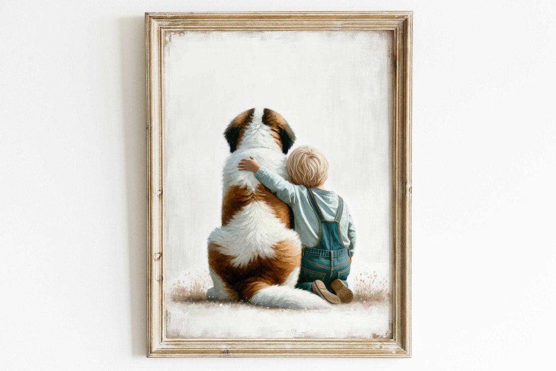Little Boy With Arms Wrapped Around His Big Saint Bernard Poster - Image 2