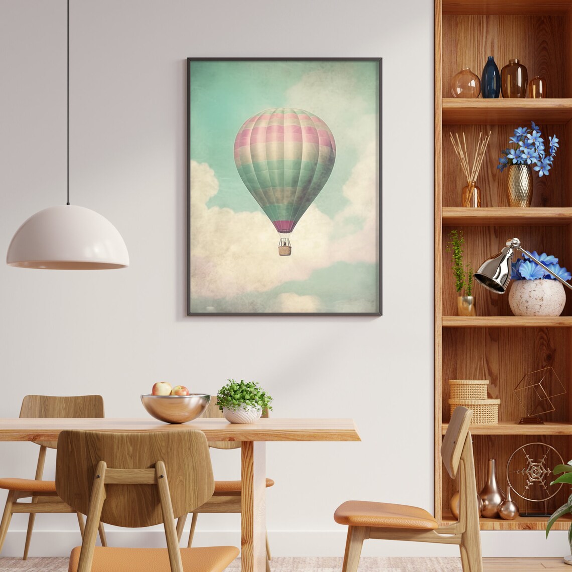 Pastel Striped Hot Air Balloon Drifting Through Clouds Poster - Image 2