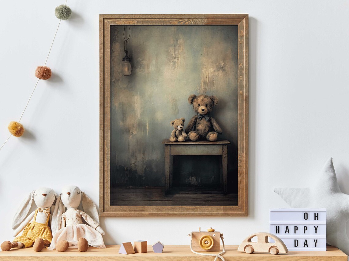Two Vintage Teddy Bears On Old Wooden Table Moody Nursery Poster Art