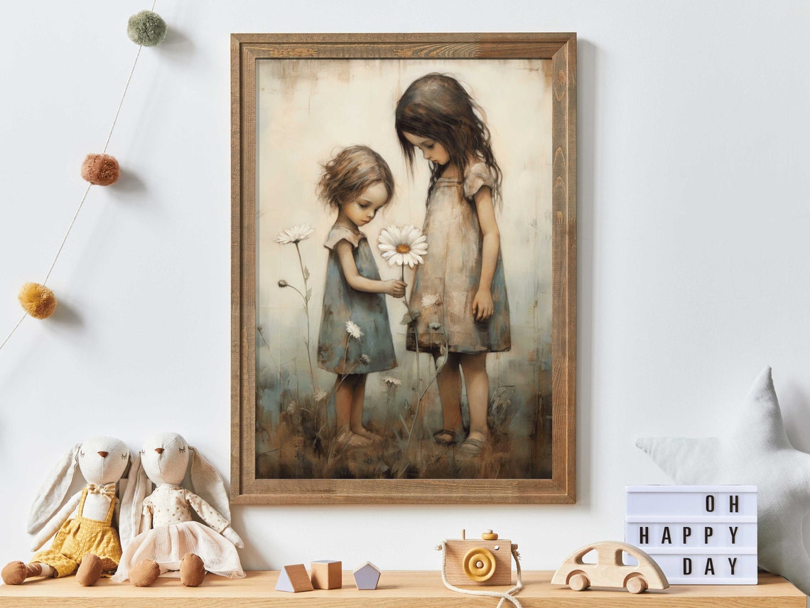 Sisters Room Print Wildflower Nursery Art Sister Nursery Wall Art Friendship Nursery Decor Vintage Painting Girls Bedroom Art