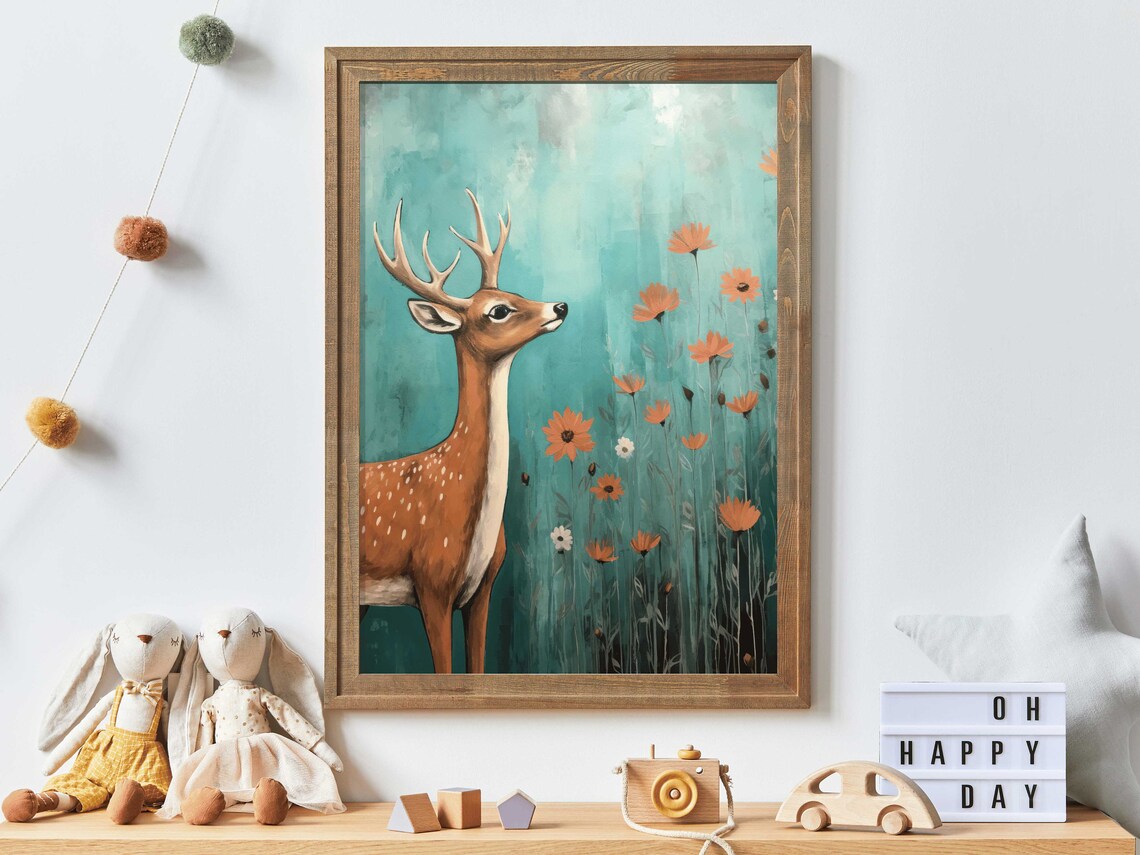 Spotted Fawn Deer Among Orange Wildflowers Nursery Wall Poster