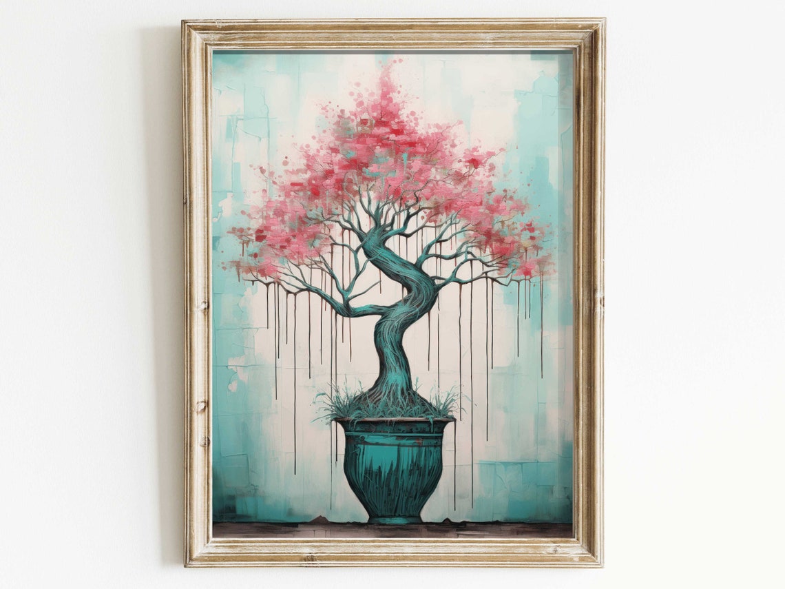 Pink Bonsai Cherry Blossom Tree Turquoise Pot Asian Art Print
