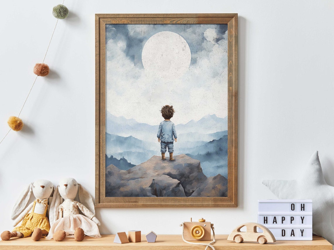 Little Boy on a Rocky Peak Under a Full Moon Adventure Poster