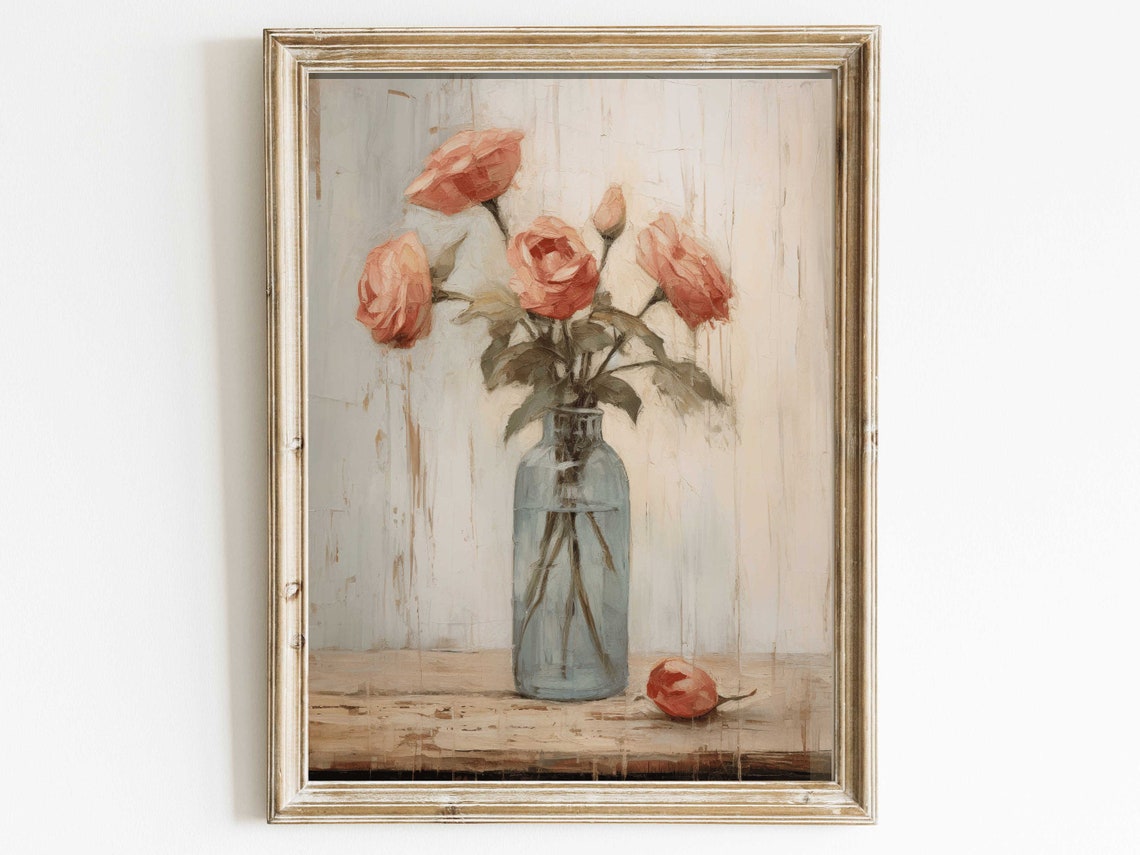 Blush Pink Roses in Blue Glass Bottle Vintage Rustic Farmhouse Poster