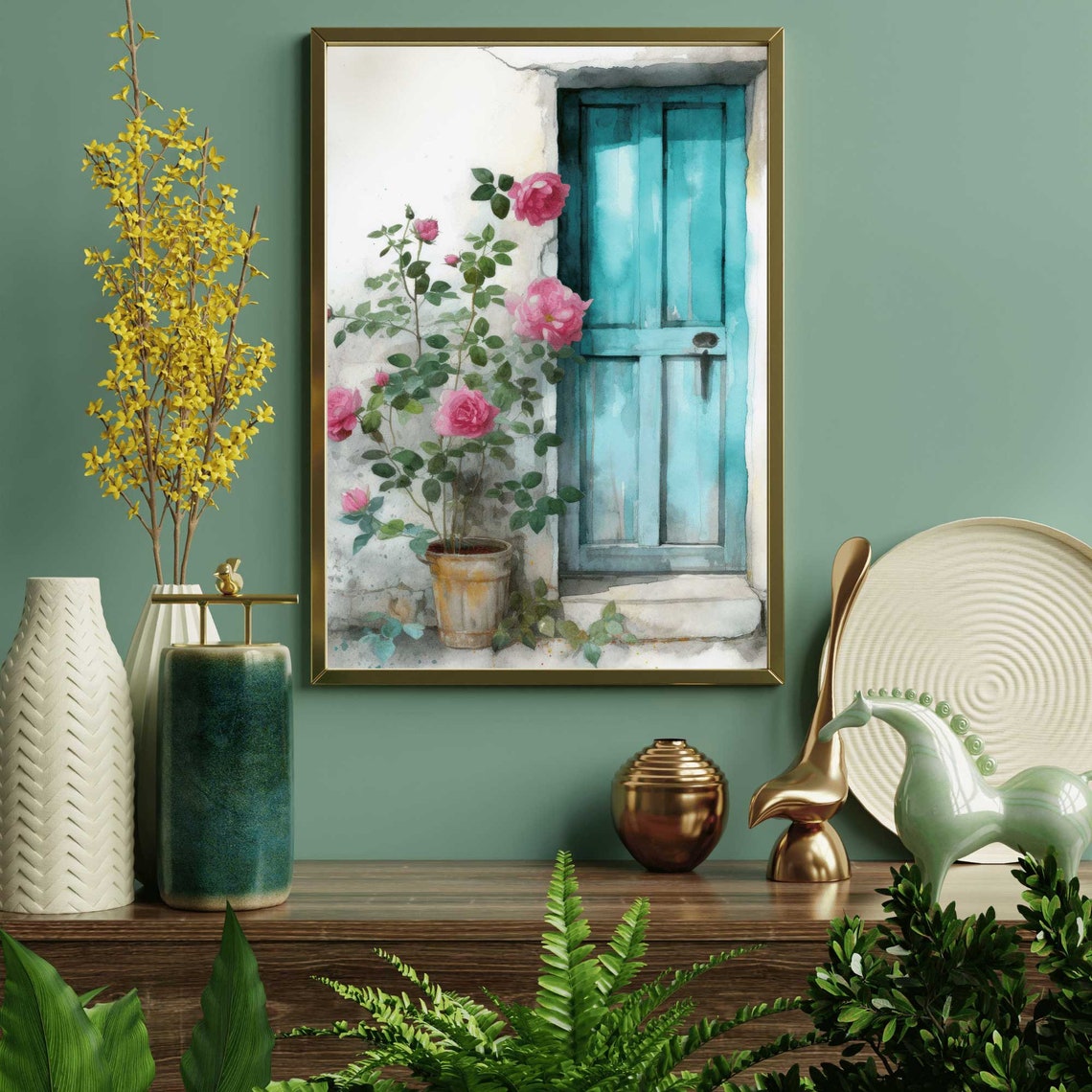 Turquoise Door with Pink Climbing Roses Watercolor Art Poster - Image 2