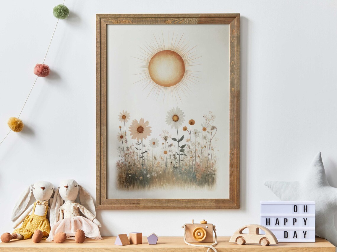 Golden Sun Rising Over a Wildflower Meadow Watercolor Poster