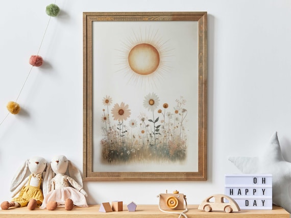 Golden Sun Rising Over a Wildflower Meadow Watercolor Poster