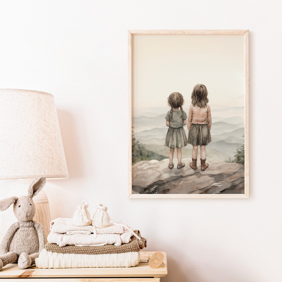 Two Little Sisters Gazing at Misty Mountain Layers Adventure Poster - Image 2