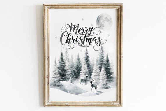 Deer Standing in Snowy Forest Vintage Christmas Holiday Scene Poster