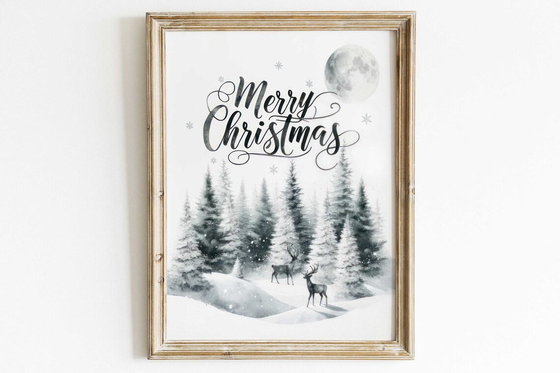 Deer Standing in Snowy Forest Vintage Christmas Holiday Scene Poster
