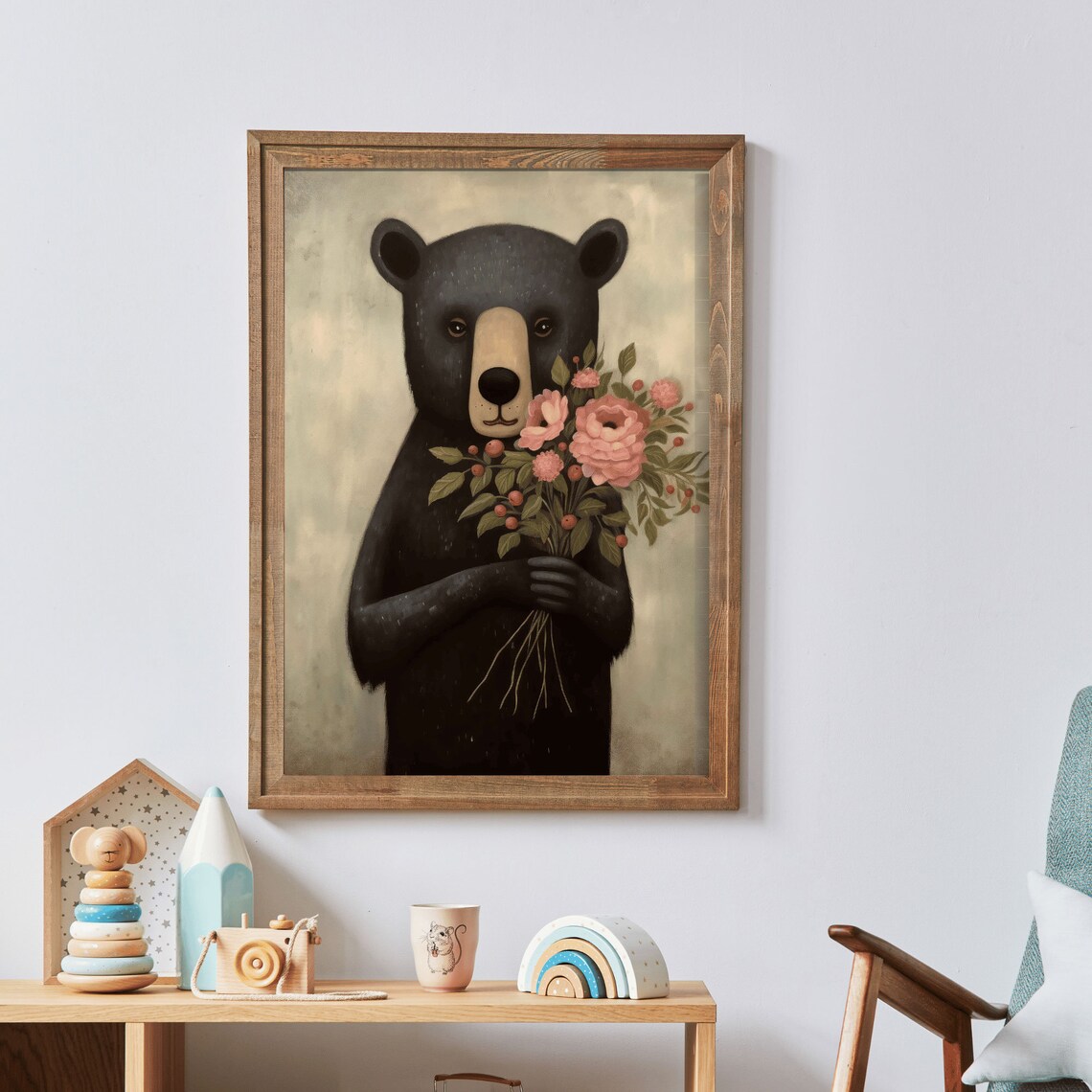 Black Bear Holding Pink Flower Bouquet Whimsical Nursery Poster - Image 2