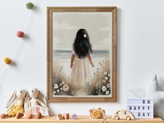 Little Girl With Dark Hair Standing At The Seaside Among Wildflowers Poster
