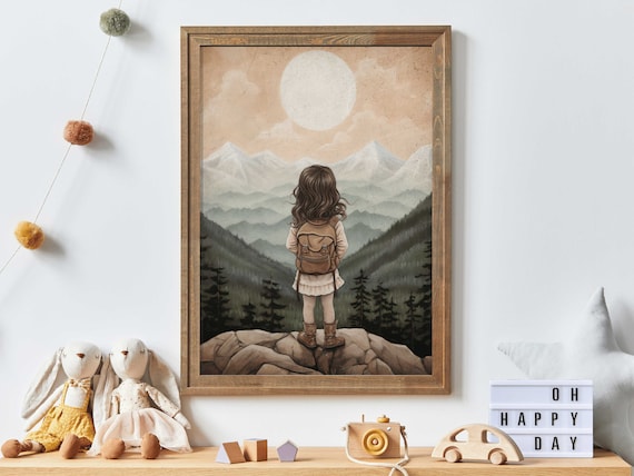 Girls Adventure Vintage Nursery Wall Art, Hiking Art