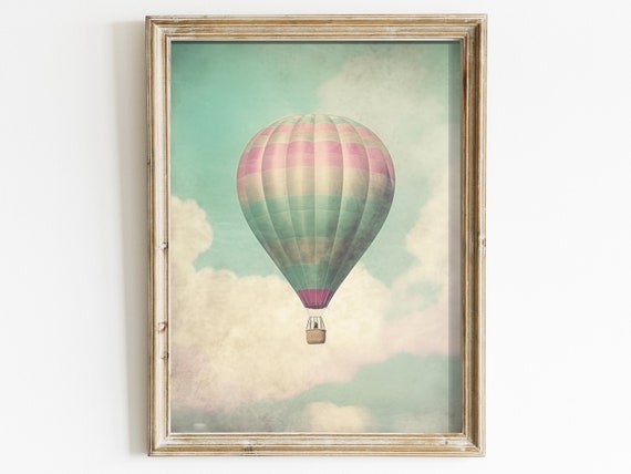 Vintage Hot Air Balloon Wall Art Decor Sky And Clouds Retroinspired Muted Pastel Colored Home Decor