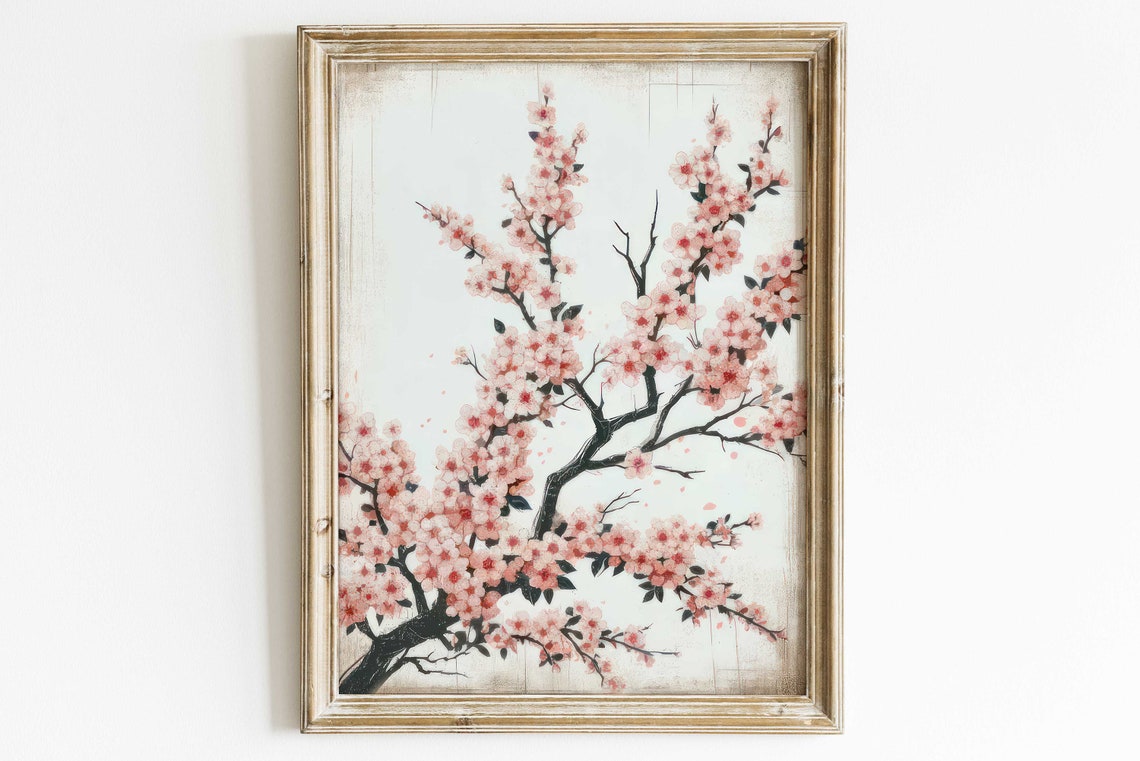 Delicate Pink Cherry Blossom Branches Japandi Style Floral Poster